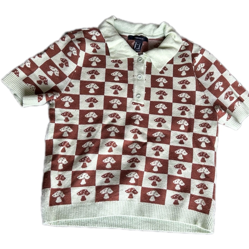 Forever 21 collared green and brown checkered mushroom crop sweater